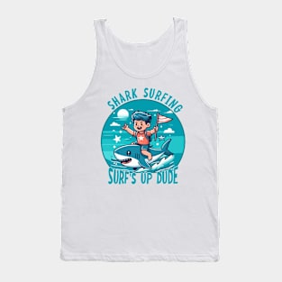 Shark Surfing -Surf's up Dude [boy riding a shark] Tank Top